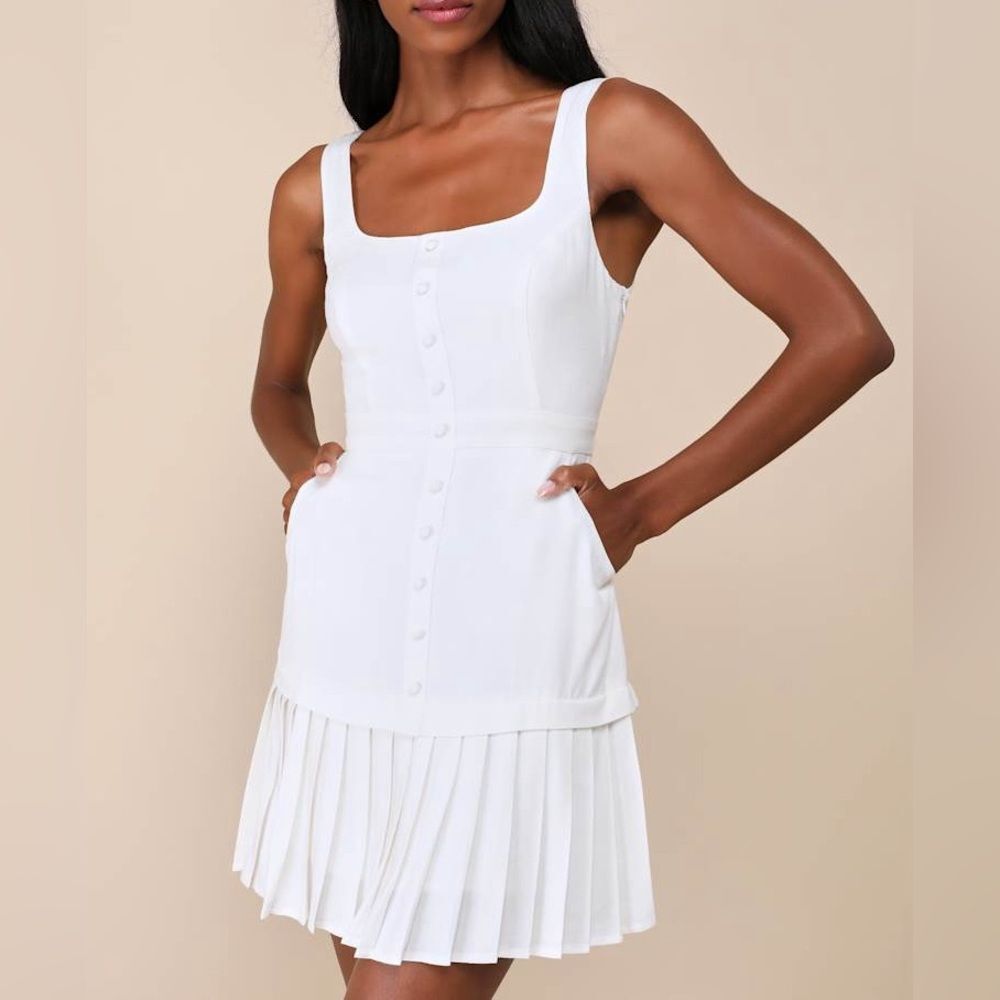 NWT Lulus Poised and Chic Off-White Linen Pleated Mini Dress with Pockets Size L